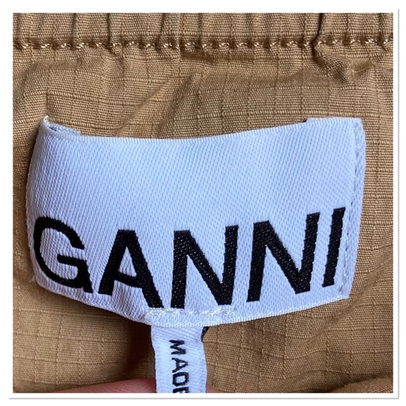 Ganni Ripstop Cotton Chino Puff Sleeve Midi Dress A Line Silhouette Tan Size L - Picture 7 of 11